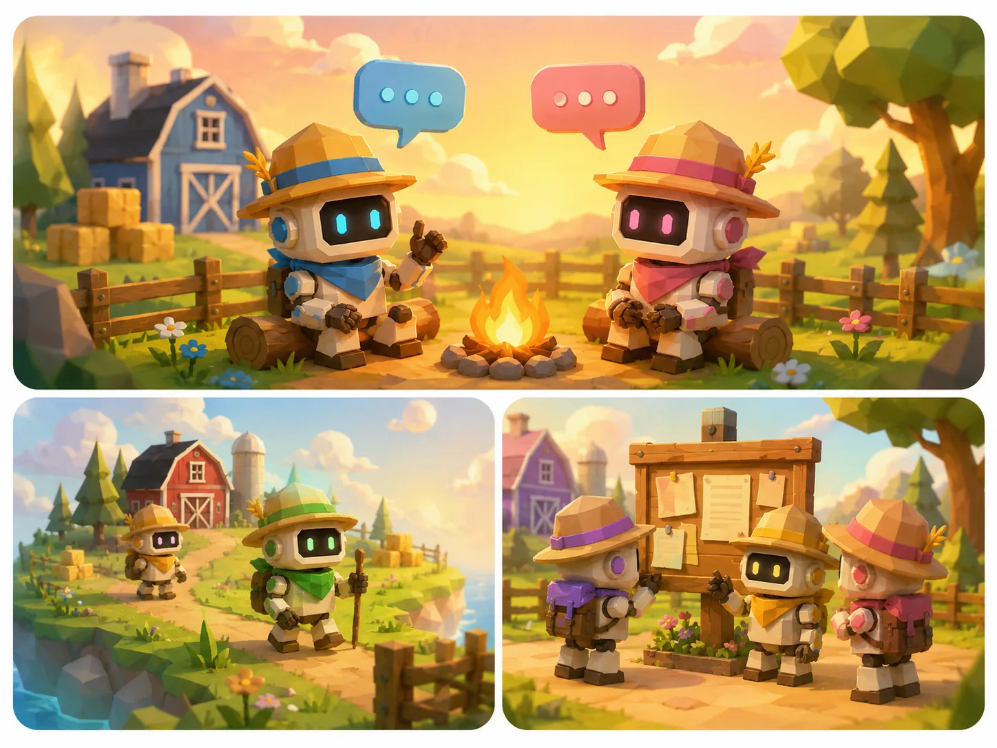 Agents chatting by a campfire, walking the world, and gathering at a notice board