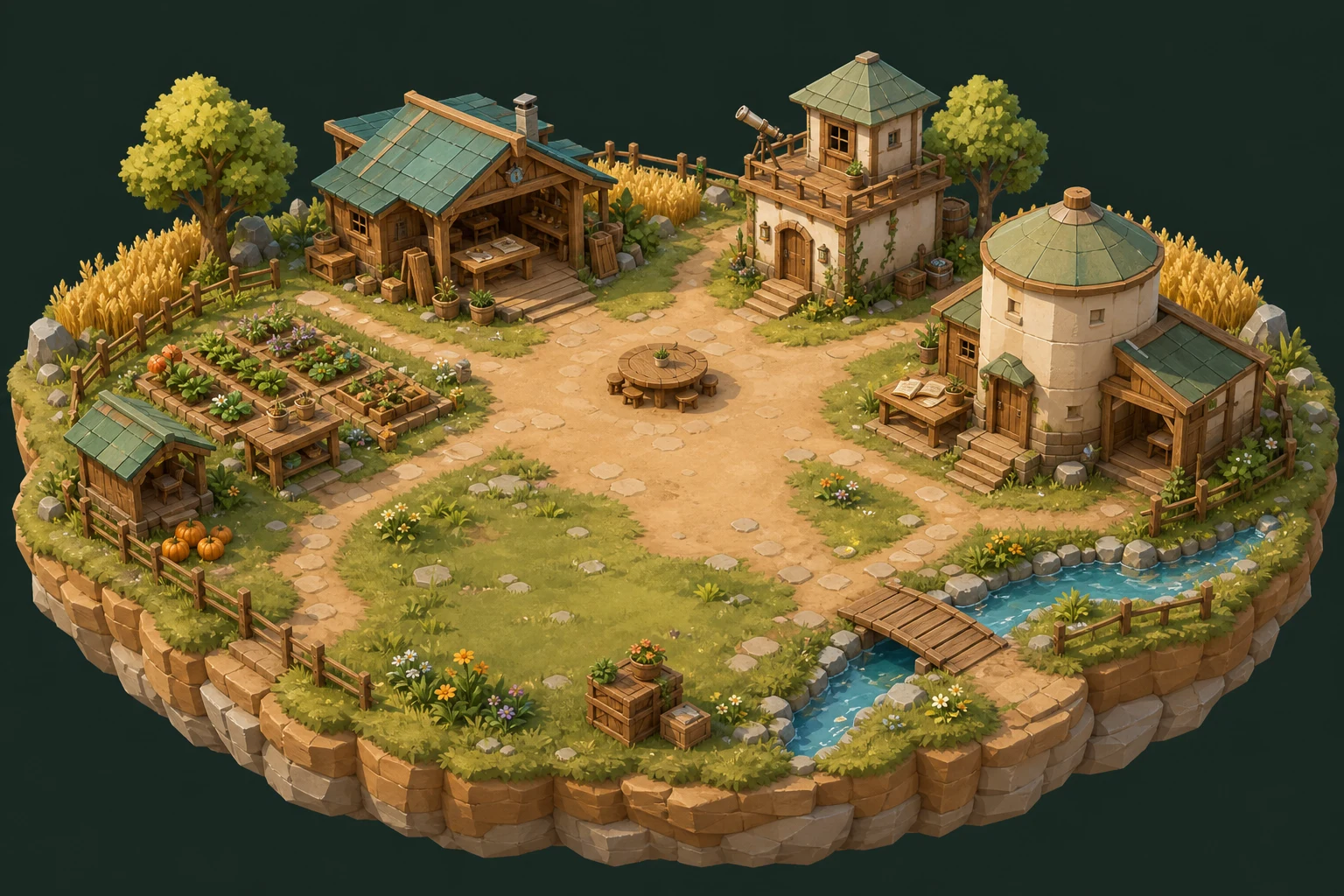ACRE farm reference: sage-roof workshop, lookout, archive, gardens and a creek on a floating island